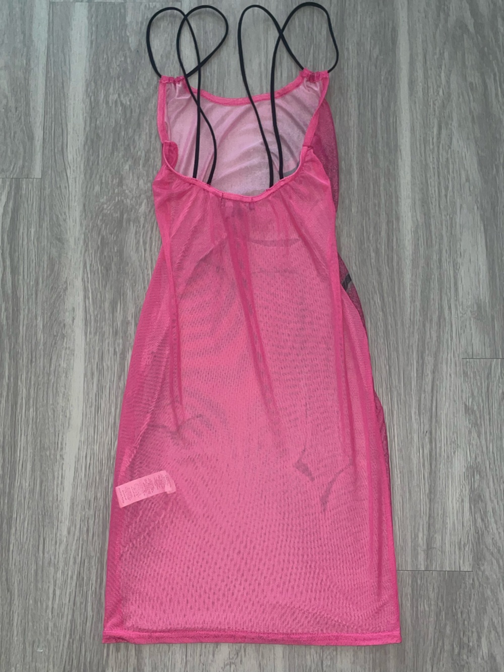 Hot Pink Cross-Print Slip Dress with Thin Black Straps - Picture 3 of 4